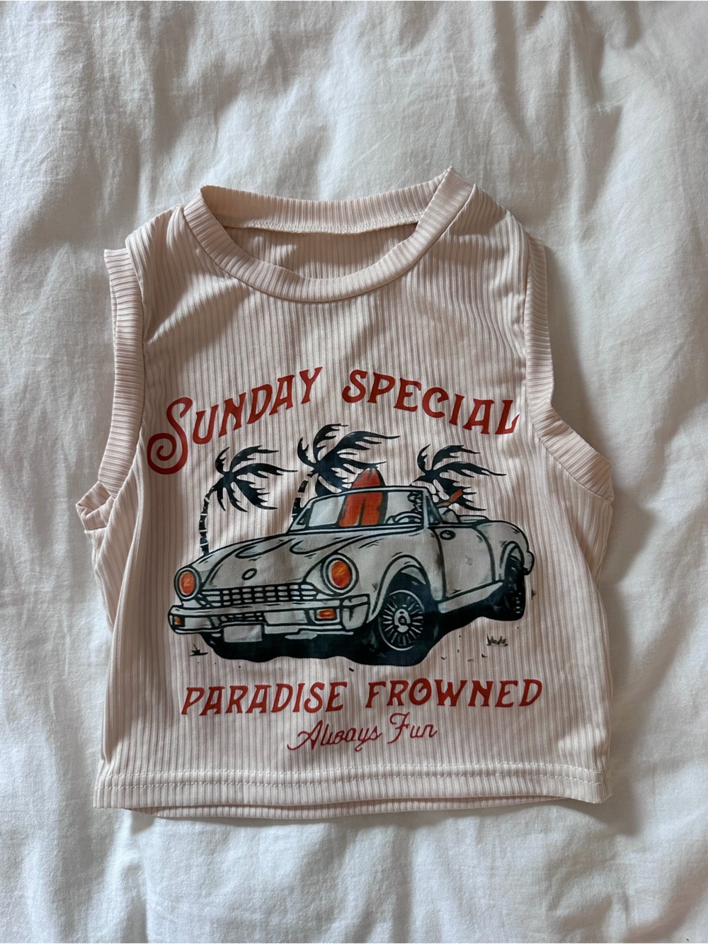 Graphic Ribbed Tank Top with Vintage Car Print - Light Blush